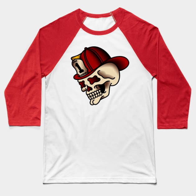 Firefighter Skull Baseball T-Shirt by OldSalt